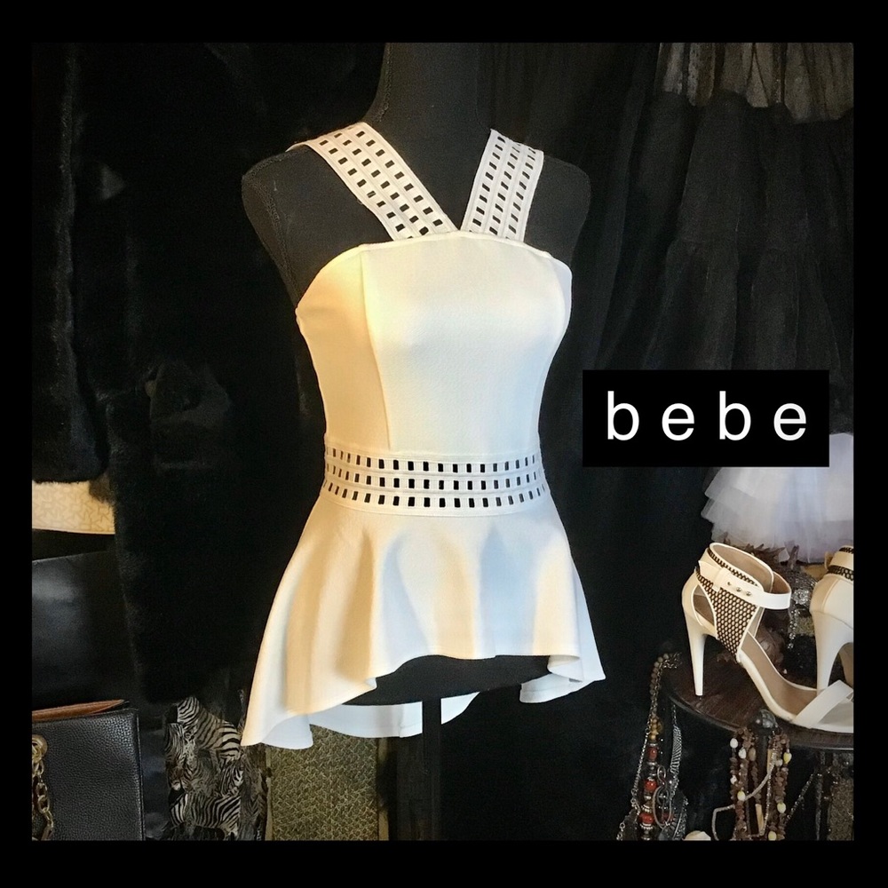BEBE SEXY & Unique High Low Peplum Top W/Cutouts at Shoulders and Waist
